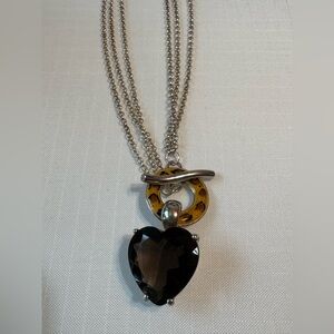 David Sigal Smoky Quartz Heart & Leopard Enamel 925 Tri-Chain Necklace